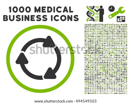 Rotate CW icon with 1000 medical commerce eco green and gray vector pictographs. Collection style is flat bicolor symbols, white background.