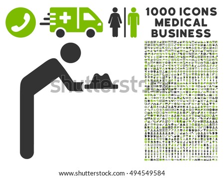 Servant With Hat icon with 1000 medical commercial eco green and gray vector design elements. Design style is flat bicolor symbols, white background.
