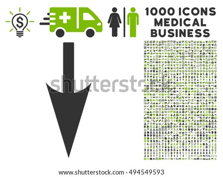 Sharp Down Arrow icon with 1000 medical commercial eco green and gray vector pictographs. Clipart style is flat bicolor symbols, white background.