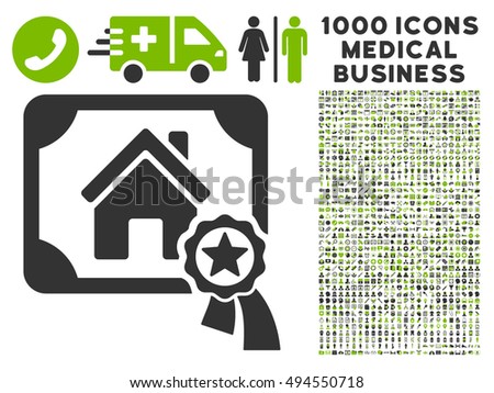 Realty Certification icon with 1000 medical commerce eco green and gray vector design elements. Collection style is flat bicolor symbols, white background.
