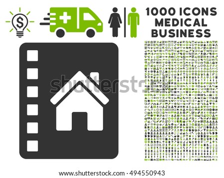 Realty Catalog icon with 1000 medical business eco green and gray vector pictographs. Clipart style is flat bicolor symbols, white background.