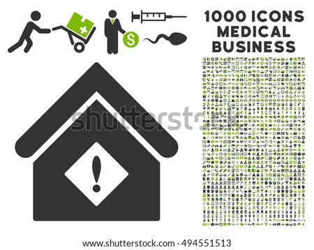 Problem Building icon with 1000 medical business eco green and gray vector design elements. Design style is flat bicolor symbols, white background.