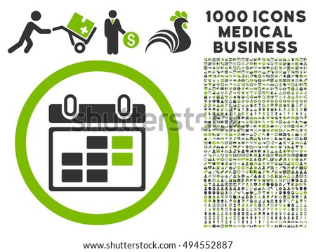 Month Calendar icon with 1000 medical commerce eco green and gray vector pictograms. Clipart style is flat bicolor symbols, white background.