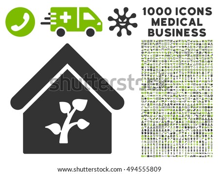Greenhouse Building icon with 1000 medical commercial eco green and gray vector pictograms. Clipart style is flat bicolor symbols, white background.