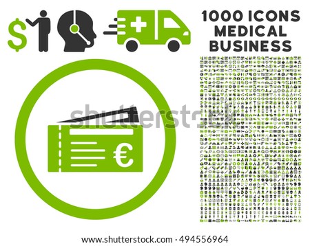 Euro Tickets icon with 1000 medical commercial eco green and gray vector design elements. Clipart style is flat bicolor symbols, white background.