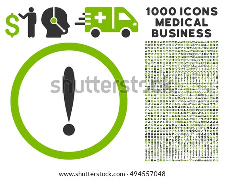 Exclamation Sign icon with 1000 medical commerce eco green and gray vector pictograms. Clipart style is flat bicolor symbols, white background.