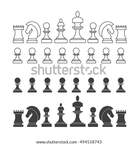 Flat and Outline Chess Pieces Set Pixel Perfect Art. Material Design. Classic Game. Vector illustration of Outlined Chess White and Black Flat Chess. King, Castle, Horse and other Outline Chess