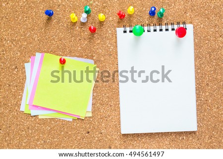 paper note on cork board. cork board with blank notes. sticker note empty space for add text. Education background.