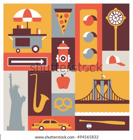 New York City, vector flat illustration, icon set: shop, pizza, hydrant, traffic light, clock, cap, road sign, The Statue of Liberty, saxophone, apple, car, The Brooklyn Bridge