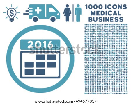 2016 Calendar Grid icon with 1000 medical commerce cyan and blue vector pictographs. Set style is flat bicolor symbols, white background.