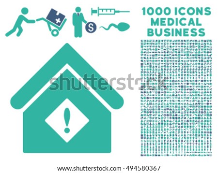 Problem Building icon with 1000 medical commercial cobalt and cyan vector pictographs. Set style is flat bicolor symbols, white background.