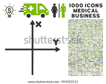 Cartesian Axes icon with 1000 medical business eco green and gray vector pictograms. Design style is flat bicolor symbols, white background.