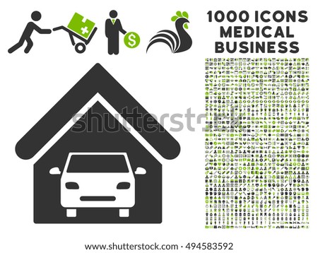 Car Garage icon with 1000 medical commercial eco green and gray vector pictographs. Design style is flat bicolor symbols, white background.