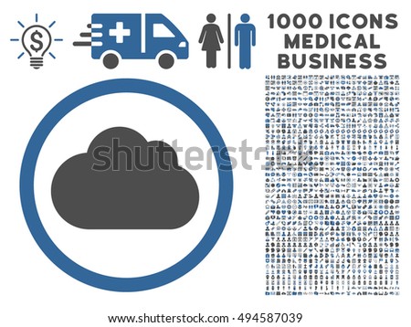 Cloud icon with 1000 medical commercial cobalt and gray vector pictographs. Collection style is flat bicolor symbols, white background.