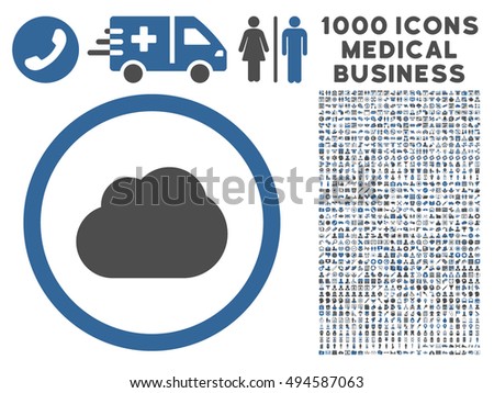 Cloud icon with 1000 medical commercial cobalt and gray vector pictograms. Design style is flat bicolor symbols, white background.