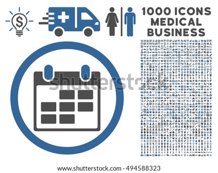Calendar icon with 1000 medical business cobalt and gray vector pictographs. Set style is flat bicolor symbols, white background.