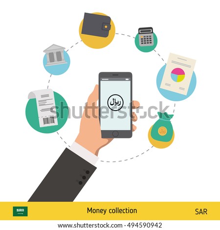 Mobile banking concept. Riyal banknote. Transferring Money vector illustration