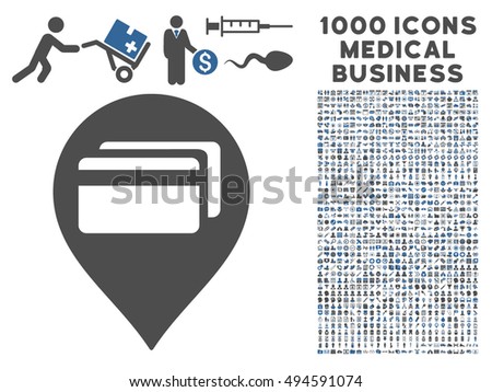 ATM Terminal Pointer icon with 1000 medical business cobalt and gray vector pictograms. Set style is flat bicolor symbols, white background.