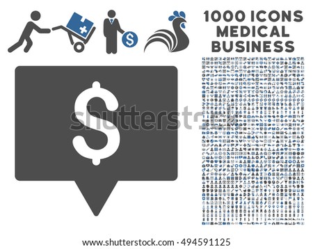 Bank Map Pointer icon with 1000 medical business cobalt and gray vector design elements. Design style is flat bicolor symbols, white background.
