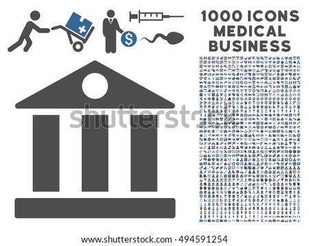 Bank Building icon with 1000 medical commerce cobalt and gray vector pictographs. Set style is flat bicolor symbols, white background.