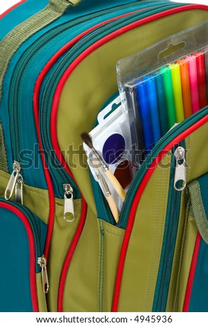 The backpack of the schoolboy filled with a stationary