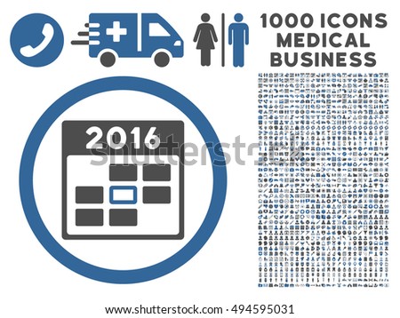 2016 Calendar Day icon with 1000 medical commerce cobalt and gray vector pictograms. Collection style is flat bicolor symbols, white background.