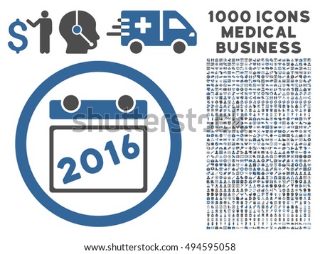 2016 Calendar icon with 1000 medical commercial cobalt and gray vector design elements. Collection style is flat bicolor symbols, white background.