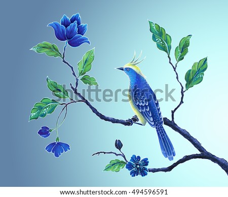 decorative bird, songbird illustration, Asian flowers and leaves, exotic nature clip art, oriental floral design background