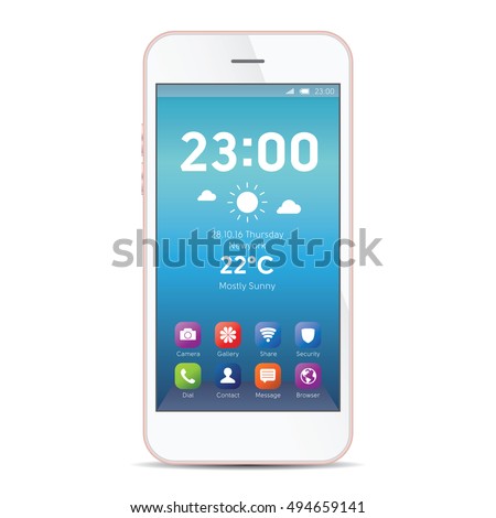 Elegant smartphone with colorful screen icons, applications. Rose gold mobile iphon isolated, realistic vector illustration.