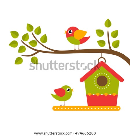 cartoon birds and birdhouse on a branch on a white background