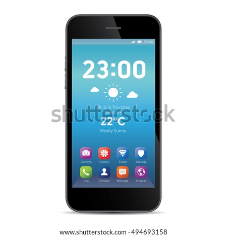 Elegant smartphone with colorful screen icons, applications. White mobile iphon isolated, realistic vector illustration.