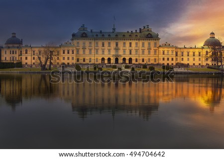 Sunset over the royal Drottningholm palace in Stockholm, Sweden. The Drottningholm Palace is the private residence of the Swedish royal family.