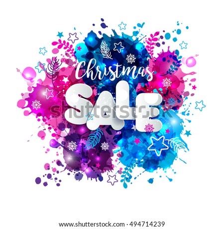 Signs christmas sale in paper style on multicolor hand drawn blots background. Vector christmas illustration.