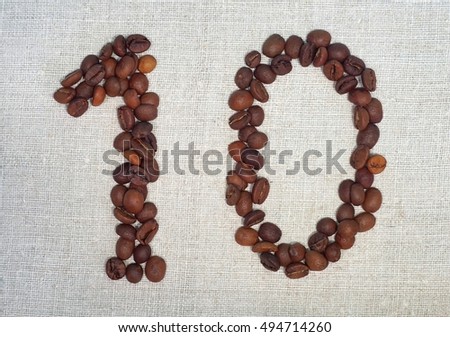 The number one from roasted coffee beans. Isolated. White background.