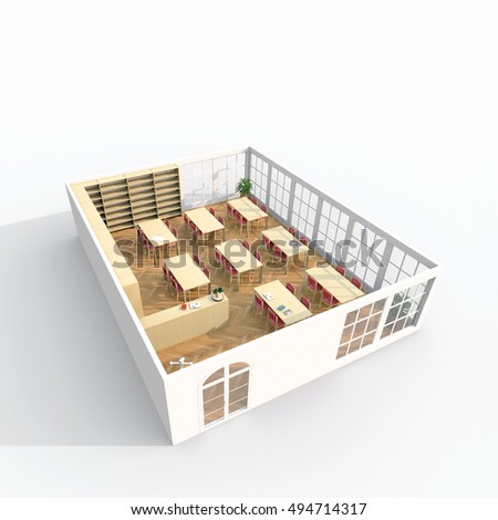 3d interior rendering perspective view of brown furnished library