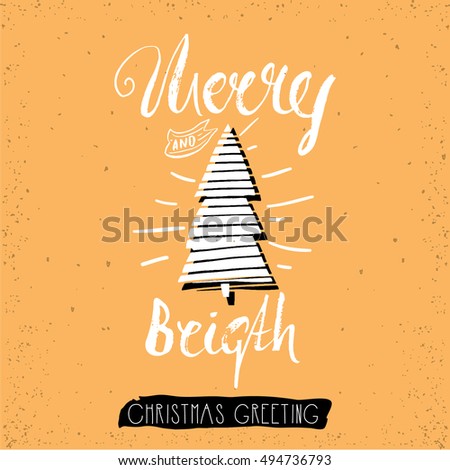 Merry and bright trendy card template. Vintage hand drawn lettering. Holiday vector unique typography isolated on gold.