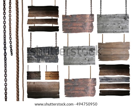 Wooden sign set with chain and rope