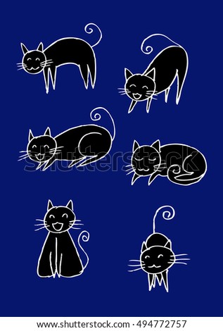 Cartoon doodle cats set. Six little cute kittens. 