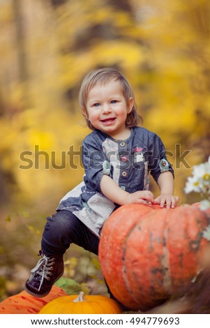 The joy, the smile of a little girl portrait on the background of autumn leaves, autumn, warm picture