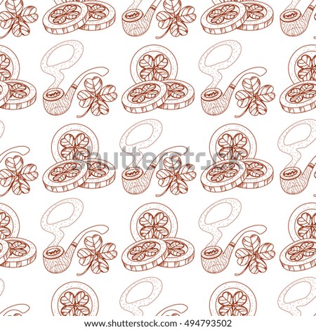 Seamless pattern with smoking pipe and coins with clover.