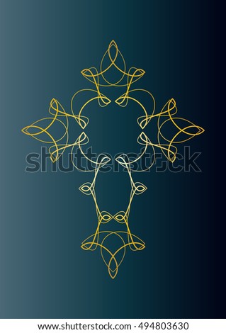 Cross ornament - golden ornamental line art decorative cross on a blue background, vintage elegant vector illustration
