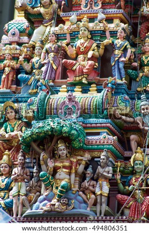 details of the roof of hindu temple dedicated to goddess Kali, Singapore