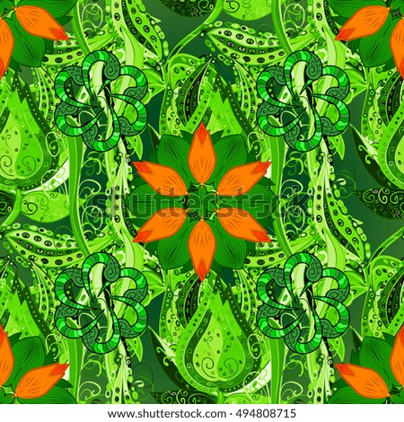 seamless floral background green with orange petals. Vector.