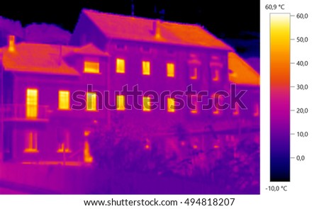 Thermal image Photo IR , buiding,  windows, color scale Royalty-Free Stock Photo #494818207