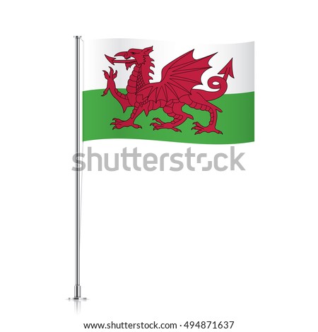 Waving flag of Wales on a metallic pole, isolated on a white background.