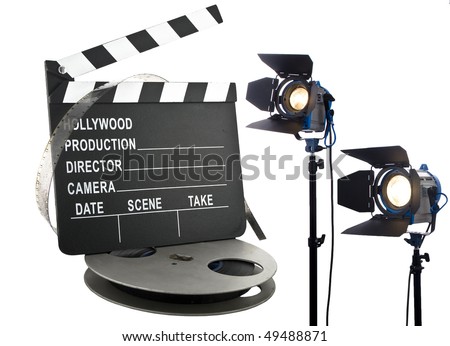 hollywood slate with film reel and lights