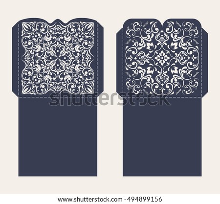 Set of 2 Wedding Invitation Baroque. Layout congratulatory envelope with carved openwork pattern. Open card. Pattern suitable for laser cutting, plotter cutting or printing. Vector