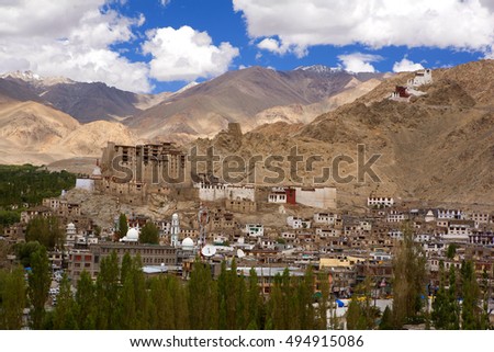 Leh city with view to mosque, palace and monastery on hill, India - Ladakh