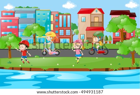 Happy children skating along river illustration
