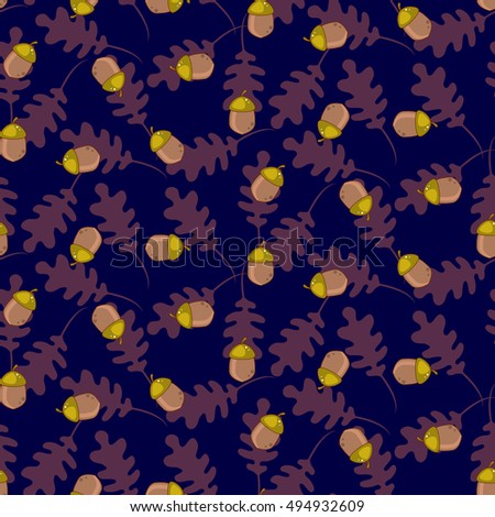 Acorns with oak leaves seamless vector nature pattern. Purple leaves pattern background.